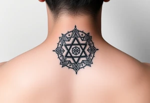 wide sacred geometry throat tattoo with several symbols combined tattoo idea