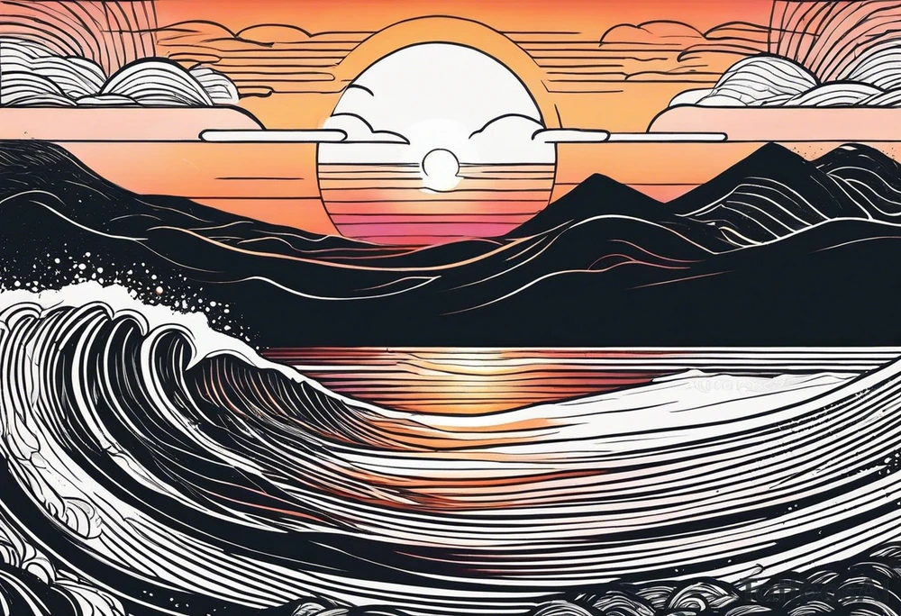 You're adding way too much. hand drawn minimal sunset. Only Ocean and sunset in the image. Very calm waters with barely any waves. tattoo idea