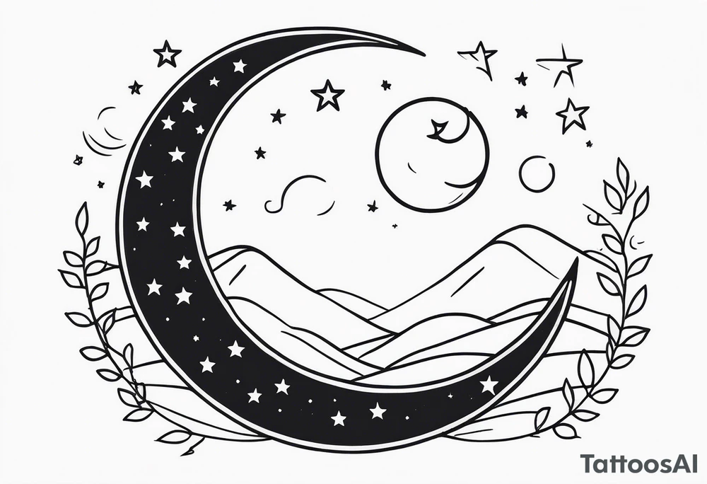 Moon and stars in line work tattoo idea