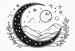 Moon and stars in line work tattoo idea