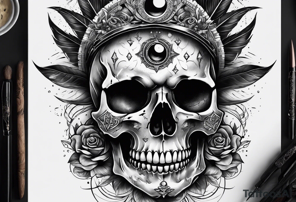 Skull with third eye and dagger through it with the phases of the moon at the bottom tattoo idea