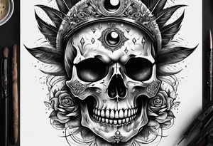 Skull with third eye and dagger through it with the phases of the moon at the bottom tattoo idea