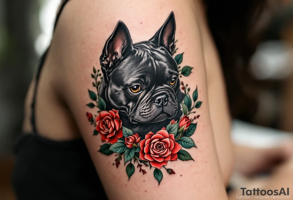 Stafford with Flowers – A soft black Stafford with a wreath of realistic red roses and green leaves around its neck, blending toughness with gentleness. tattoo idea