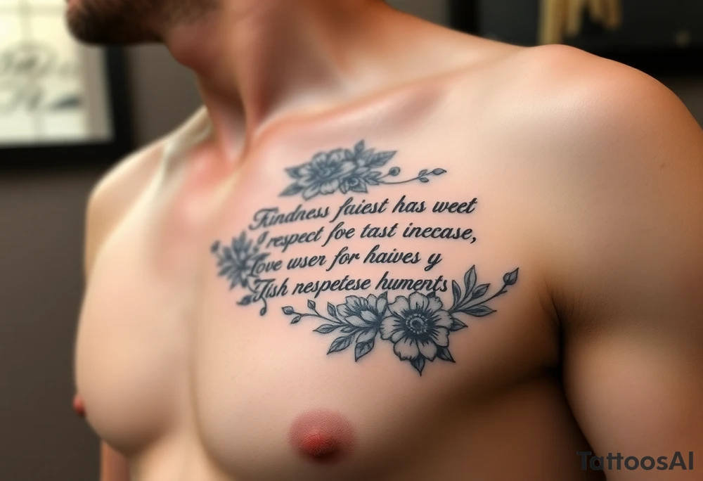 Meaningful quotes that has meanings such as family, love, kindness, fairness, respect, trust, loyalty, humour, honesty, hardworking, thoughtful, sharing and it has some flowers as a background or just around it thats on the ribs tattoo idea