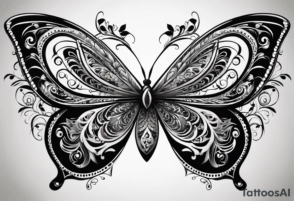 Dark ornamental, borboleta abstrata com uma adaga vertical centralizada no meio da horboleta tattoo idea