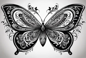 Dark ornamental, borboleta abstrata com uma adaga vertical centralizada no meio da horboleta tattoo idea