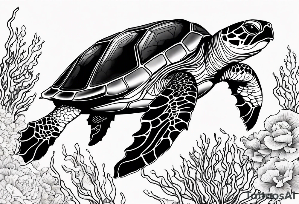 Sea turtle swimming through coral tattoo idea