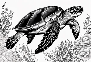 Sea turtle swimming through coral tattoo idea