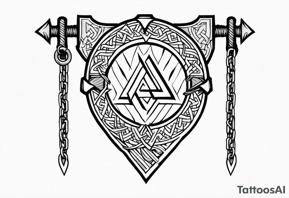 Valhalla sword shield axe barbed wire chains valknut tattoo idea