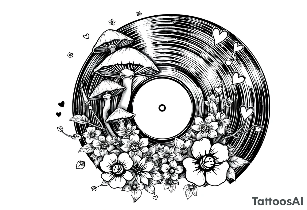 vinyl record with mushrooms, flowers, hearts, and music notes tattoo idea
