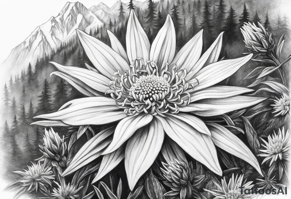 Fuzzy Edelweiss flower on a mountain tattoo idea