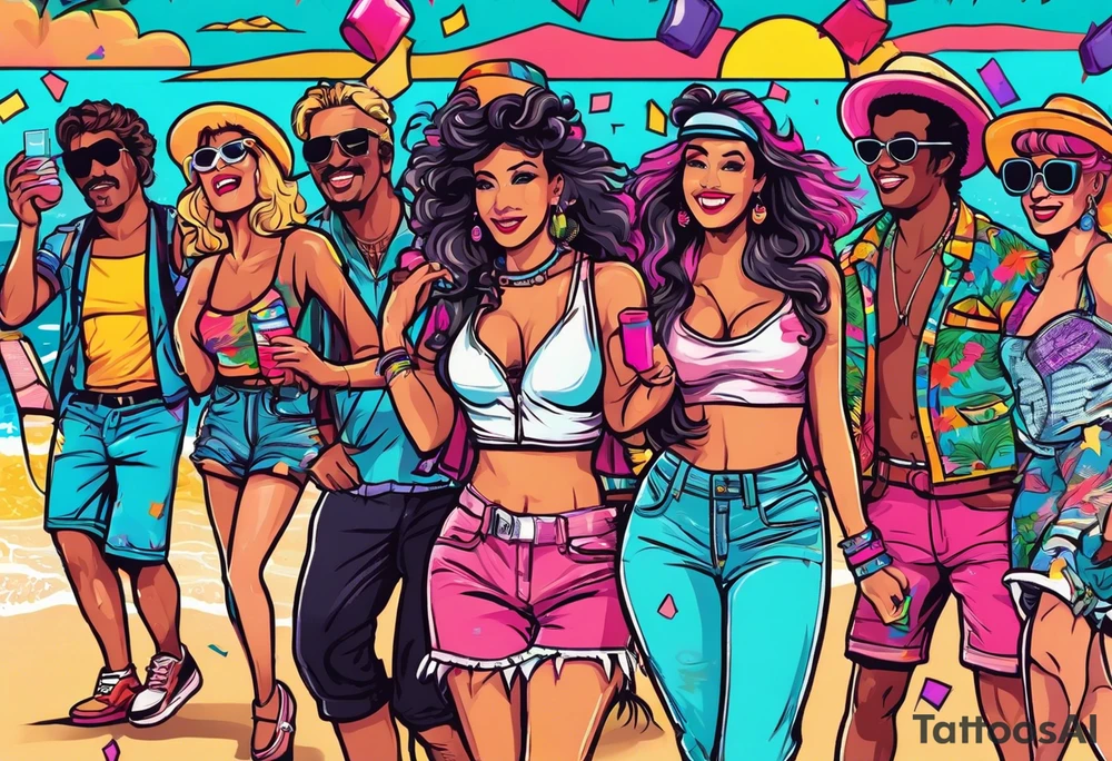 1980's style dance party with boom box and confetti in a beach theme. include people in 80's miami beach clothes, music note. tattoo idea