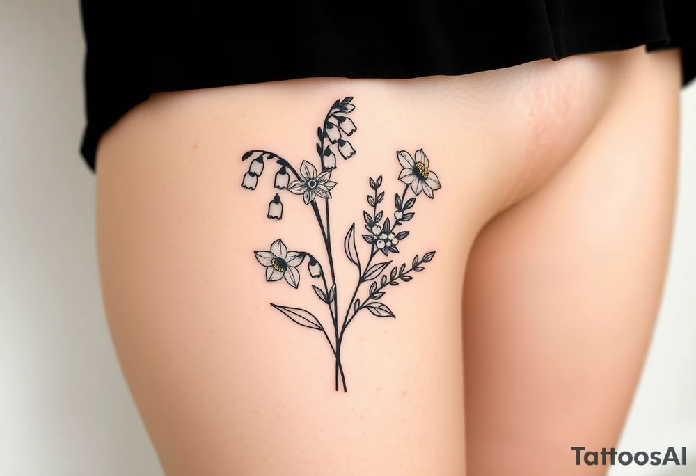 Simple small design in black bunch of flowers individual stems 1 lily of the valley 1 daffodil 1 December holly bush 1 larkspur tattoo idea