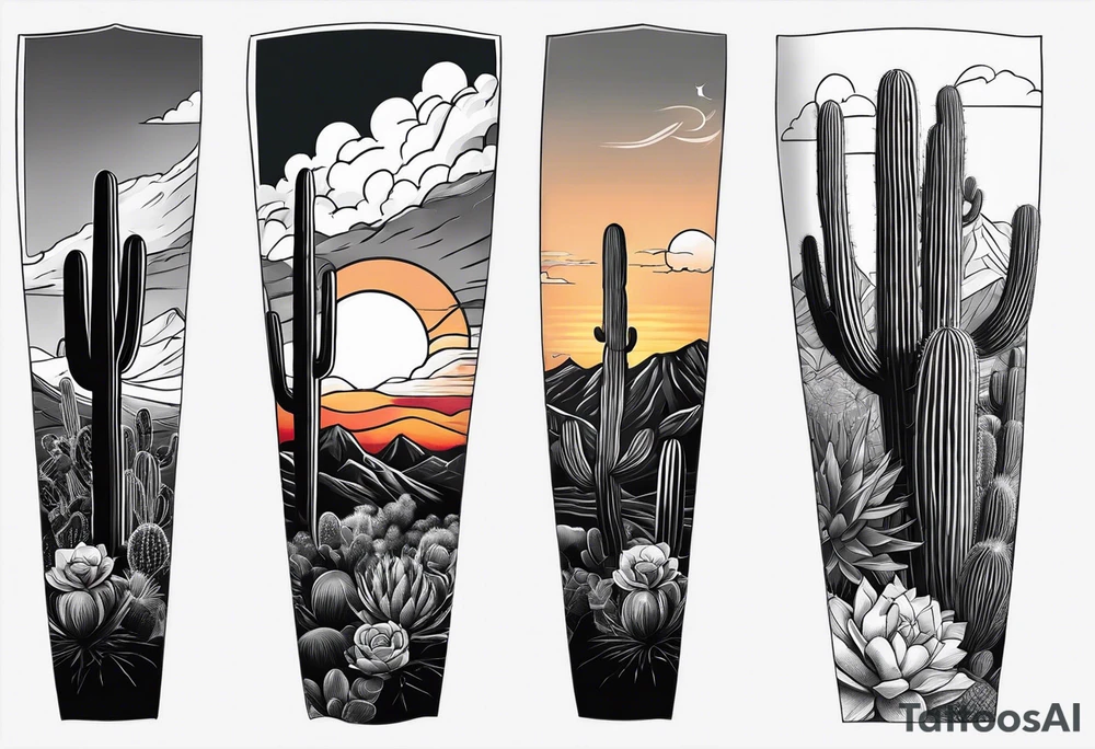 Forearm vertical, cactus, sunset, mountain tattoo idea