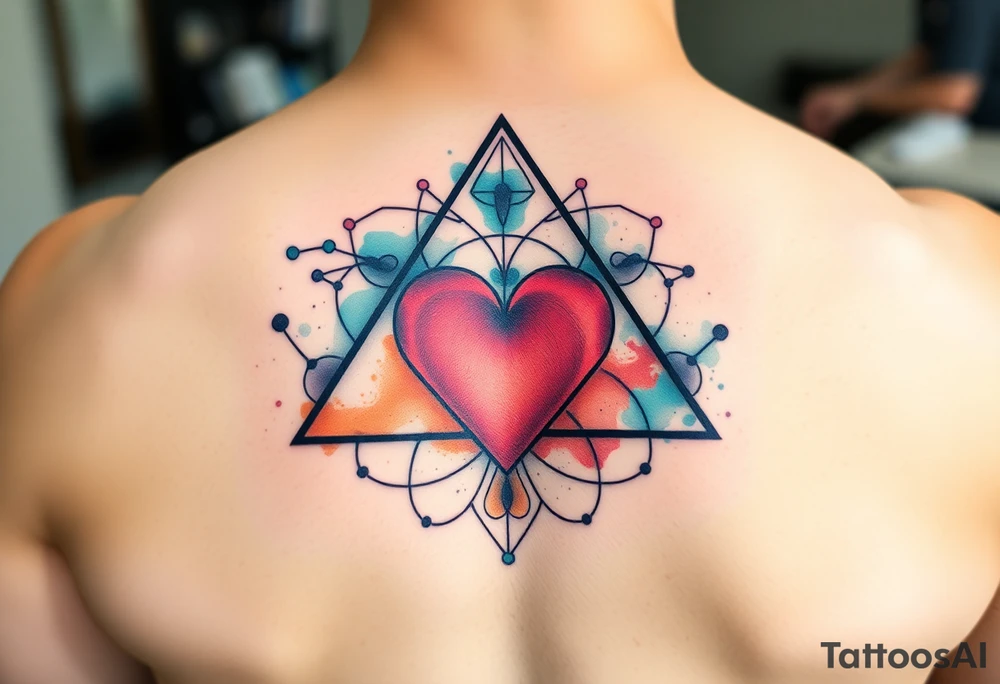 A triangle with a big heart in the center with a scientific background tattoo idea