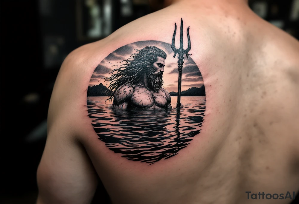 Poseidon half way under calm water with trident at sunset tattoo idea