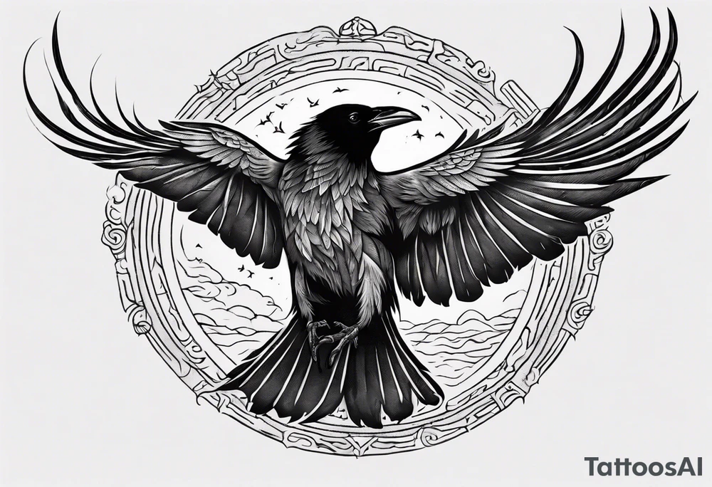 Cunning Raven flying towards Sun. tattoo idea