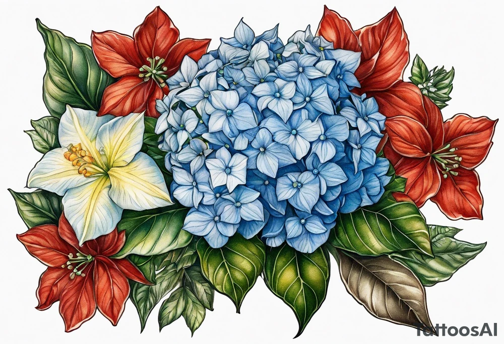 Blue Hydrangea with Narcissus, Poinsettia, Holly, Gladiolus, Poppy, Daisy, Sweet Pea floral bouquet tattoo idea
