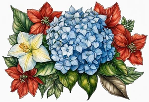 Blue Hydrangea with Narcissus, Poinsettia, Holly, Gladiolus, Poppy, Daisy, Sweet Pea floral bouquet tattoo idea