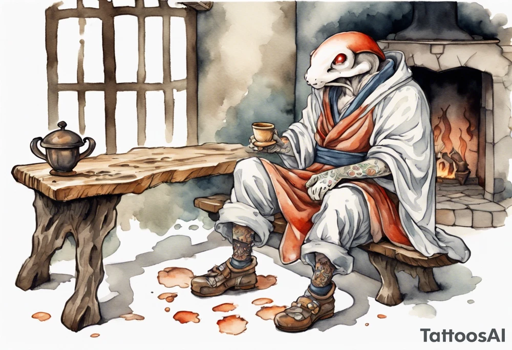 a mushroom-creature wearing a  medieval tunic sitting on a bench by a fireplace drinking from a wood cup, happy tattoo idea