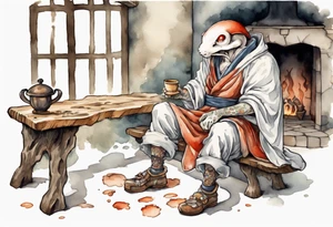 a mushroom-creature wearing a  medieval tunic sitting on a bench by a fireplace drinking from a wood cup, happy tattoo idea