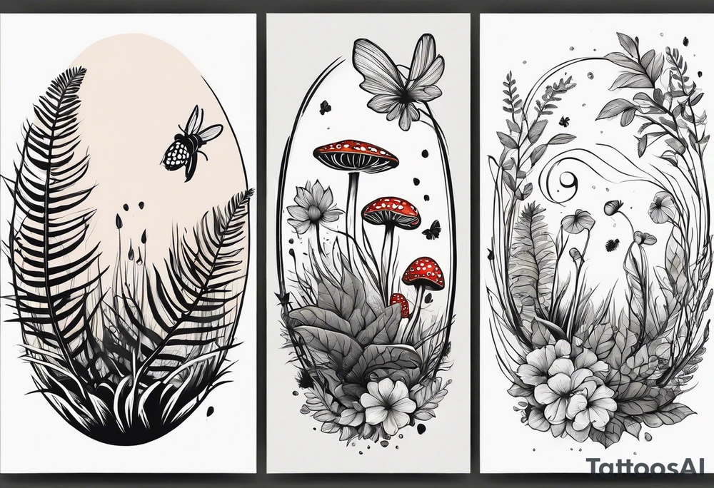 forest floor inspired minimalist tattoo, which includes grass, curly ferns and dead leaves as the bulk of the tattoo. details to include: three very tiny strawberries, a tiny bumblebee flying nearby, three small brown mushrooms
Generate a vertically long one tattoo idea