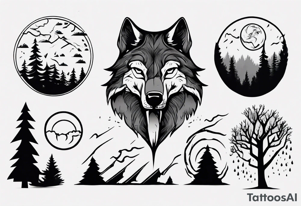 a thunderstorm over a forest and a wolf howling tattoo idea a thunderstorm over a forest and a wolf howling tattoo idea