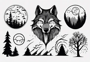 a thunderstorm over a forest and a wolf howling tattoo idea