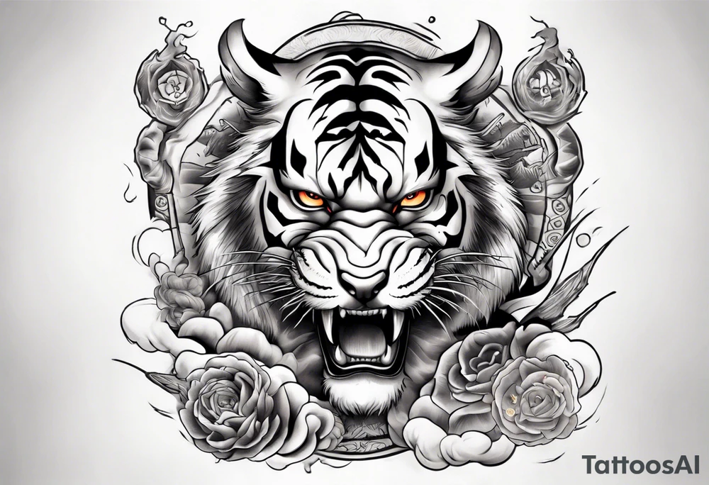 Tiger Warrior sleeve tattoo with lightning and the sun
Forearm sleeve tattoo idea