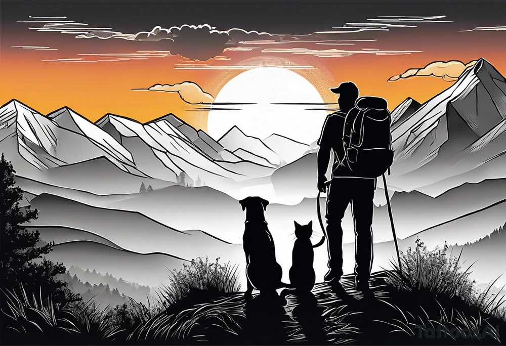 nature, sunset, mountains, a father and son hiking with their dog and cat and a cross tattoo idea