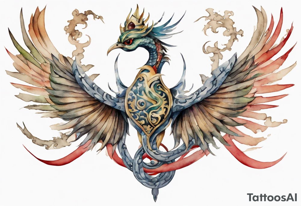 a watercolor of a bird-serpent hybrid wearing an iron crown, flying tattoo idea