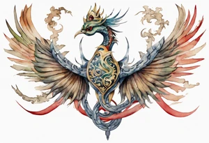a watercolor of a bird-serpent hybrid wearing an iron crown, flying tattoo idea