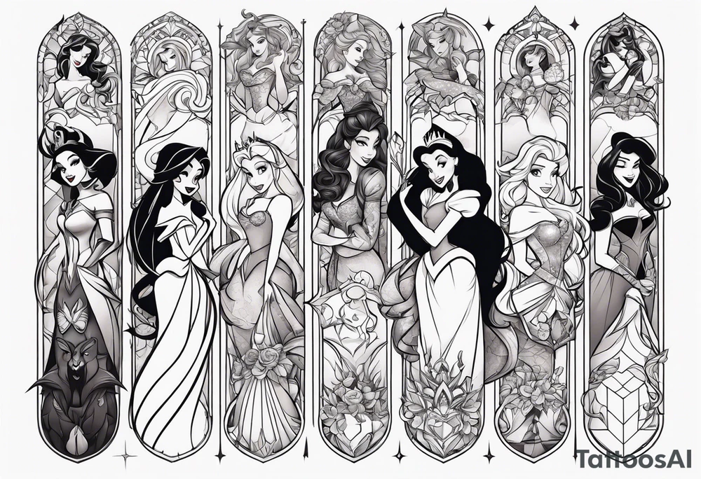 Disney princesses and Disney villains mixed together on an arm sleeve tattoo idea