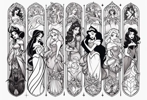 Disney princesses and Disney villains mixed together on an arm sleeve tattoo idea