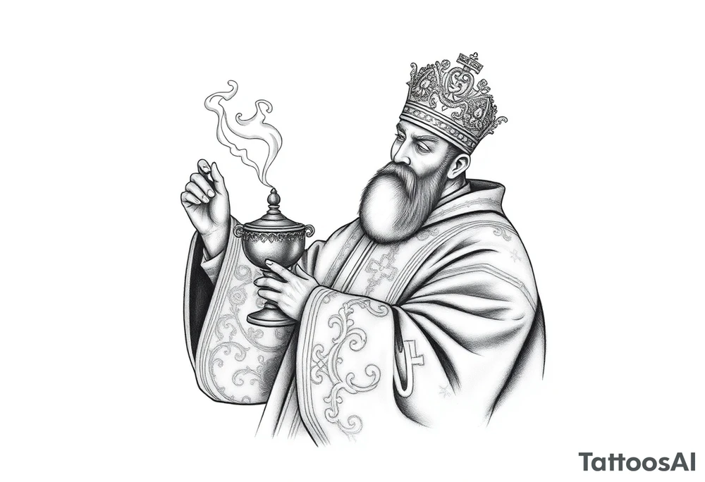 A Russian Orthodox Priest in full gold vestments swinging a censer with smoke curling upward 

The ornate robes give incredible fine line detail
The incense smoke could flow and connect to other elements
It ties directly into the church and Virgin Mary you already have
Very culturally authentic to the overall theme tattoo idea