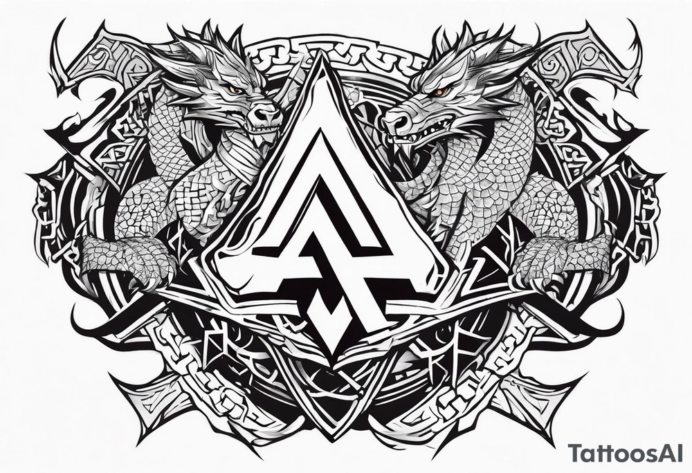 Valhalla sword shield dragon axe Valknut barbed wire chains fire tattoo idea Valhalla sword shield dragon axe Valknut barbed wire chains fire tattoo idea