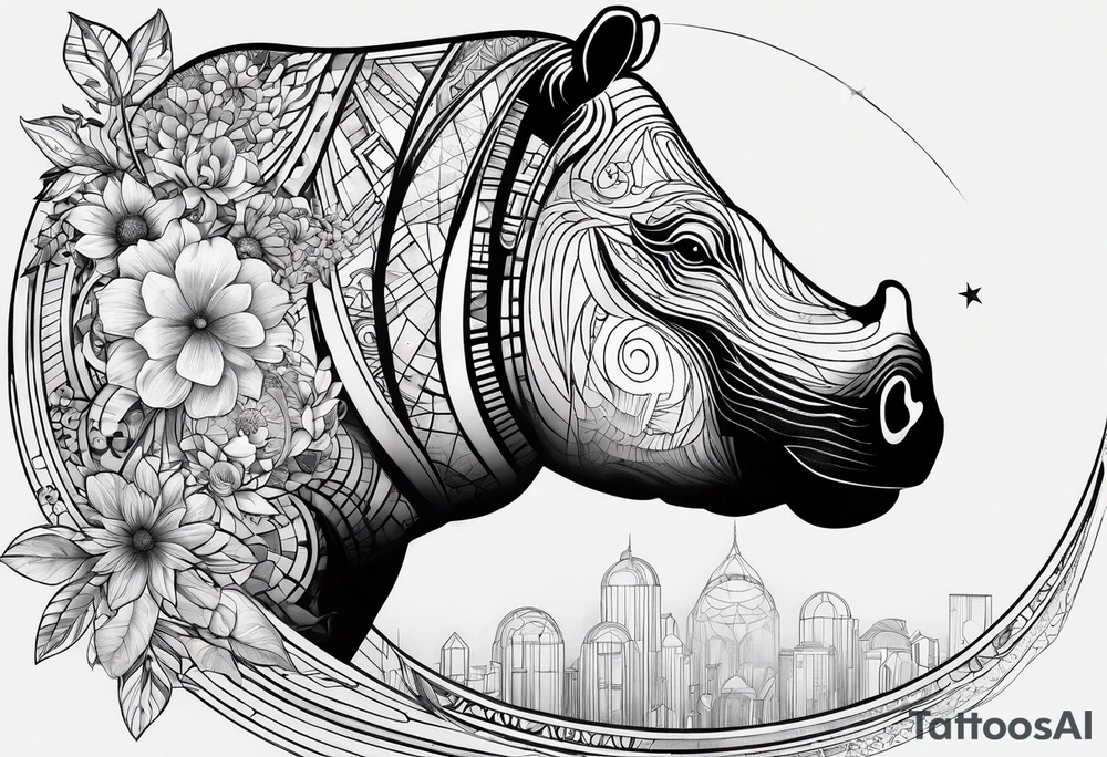 Hippo, flowers, moon, interstella , artic surreal, 
Extreme fine lines, +tribal, +geometric, develop from my favourites tattoo idea