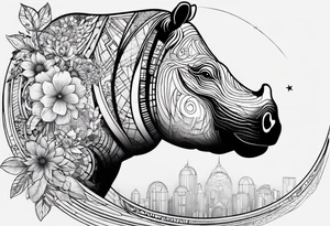 Hippo, flowers, moon, interstella , artic surreal, 
Extreme fine lines, +tribal, +geometric, develop from my favourites tattoo idea
