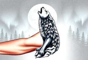 lone wolf howling at full moon with northern lights backdrop tattoo idea
