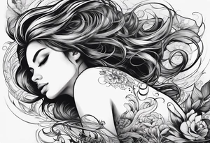 girl on her back 
floating on still water
aerial view tattoo idea