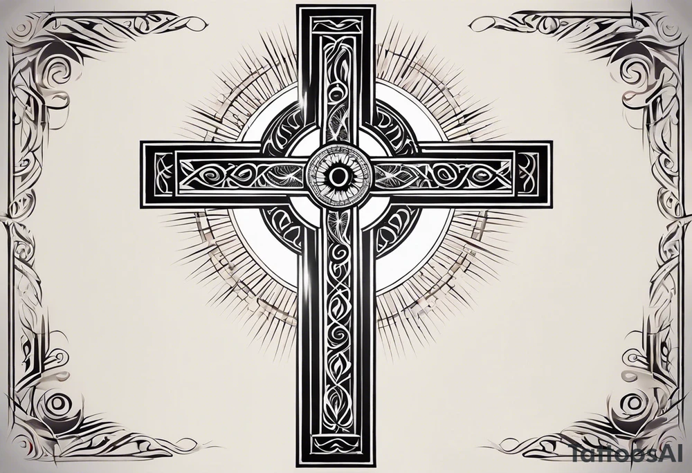 Tribal Tattoo: A refined cross with a soft halo on top of it, symbolizing light and spirituality. Delicate rays extend outward from the halo, adding a subtle glow and depth. The cross itself is simple and elegant, with potential for small, intricate line details within the design. Style: Tribal tattoo idea