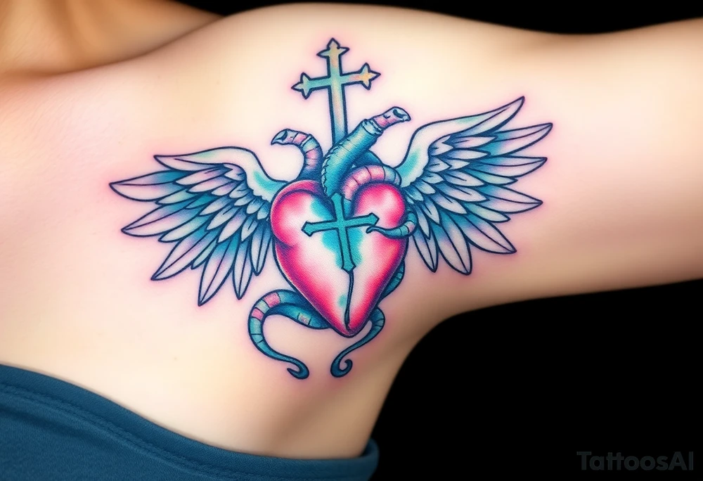 catholic sacred heart with wings and serpent cross tattoo idea