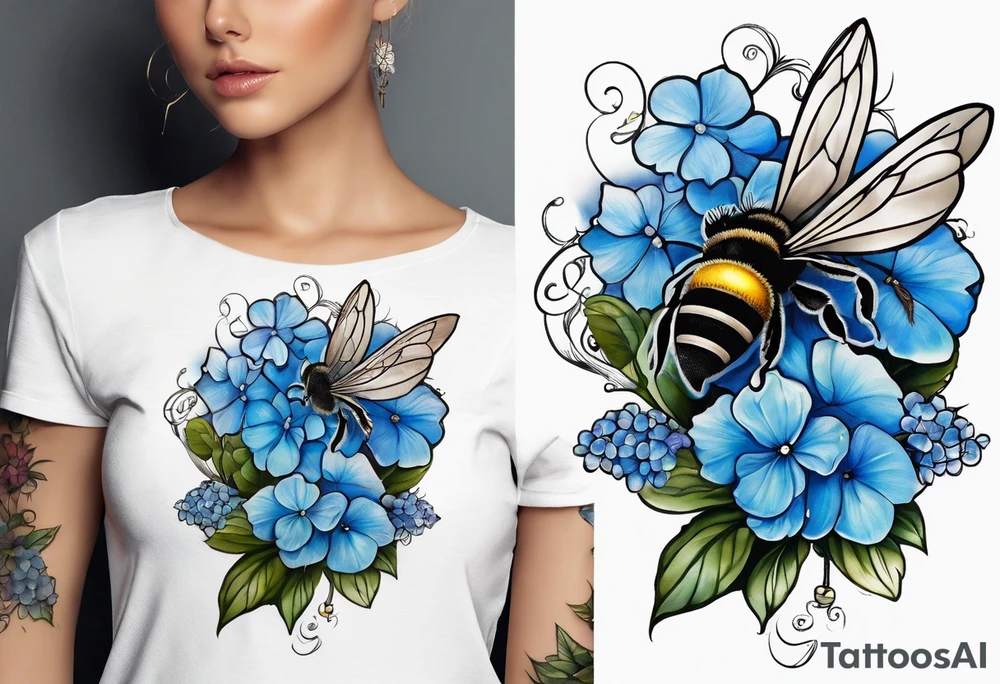 Small tattoo. There’s a hydrangea and a bee but they are not touching. Make the bee smaller than the hydrangea and have the bee off to the side. tattoo idea