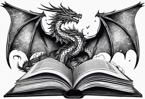 an empty open book with a sword through it, dragonwings and sparks surrounding the book. tattoo idea