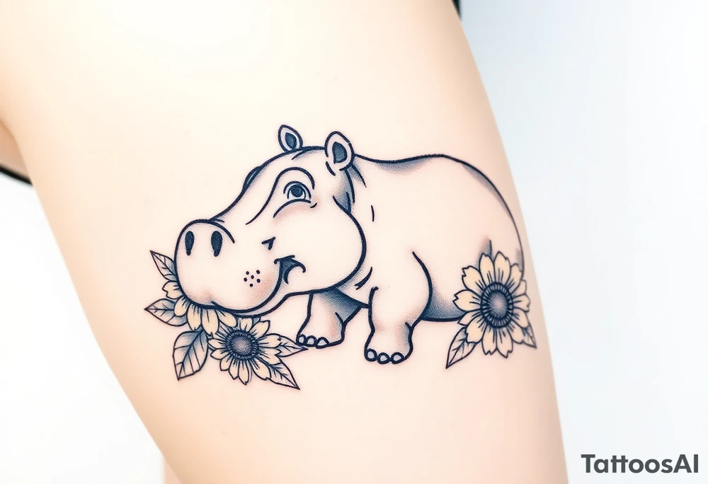 Cute hippo and with sunflowers and carnations and water tattoo idea