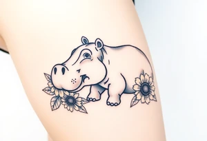 Cute hippo and with sunflowers and carnations and water tattoo idea