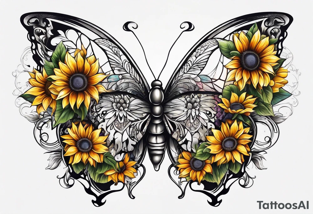 Half butterfly half sunflower tattoo idea