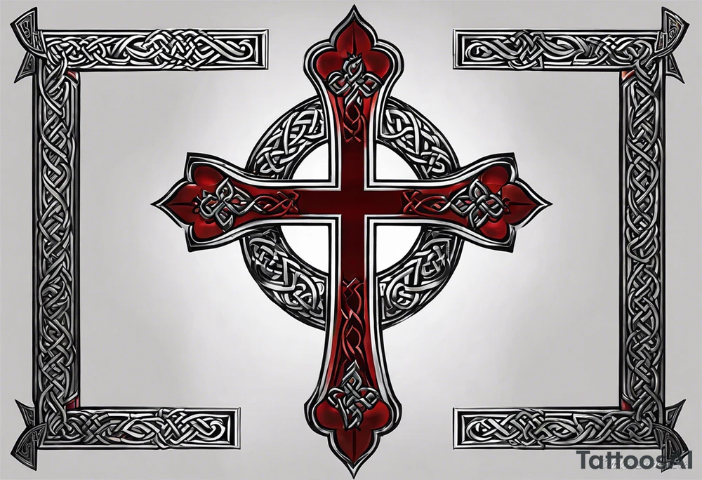 The tattoo features a Christian cross with a sharp lower end firmly planted into the ground. From the base of the cross, intricate roots extend outwards, symbolizing strength, growth, and deep roots in faith. The cross itself is adorned with intricate details, perhaps featuring Celtic or ornate patterns to add depth and texture.

On either side of the cross, two colossal dragon wings spread outwards, enveloping the cross in a protective embrace. The wings are dynamic and detailed, with scales, veins, and fine feather-like structures to convey the power and majesty of the mythical creature.

At the intersection of the cross, where the vertical and horizontal beams meet, there is a mesmerizing eyeball intricately depicted. The eye is detailed with vibrant colors and realistic shading, representing spiritual insight, watchfulness, and divine presence. tattoo idea
