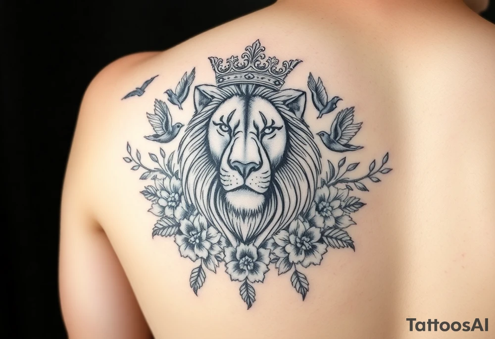 powerful majestic lion with a crown, surrounded by floral ornaments and birds tattoo idea