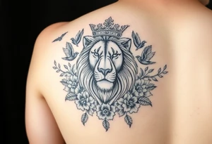 powerful majestic lion with a crown, surrounded by floral ornaments and birds tattoo idea